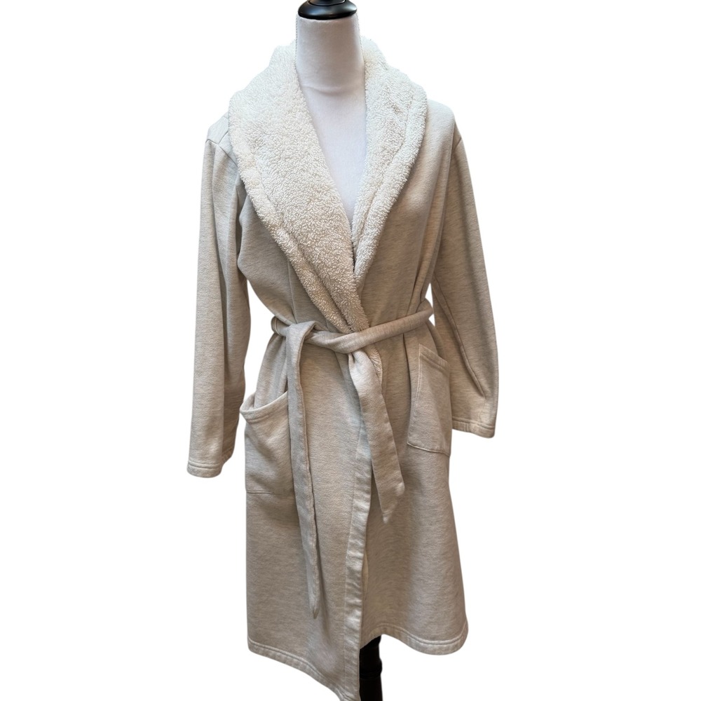 Ambrielle‎ Womens Small Oatmeal Beige Fleece Robe Faux Fur Sherpa Collar Cozy